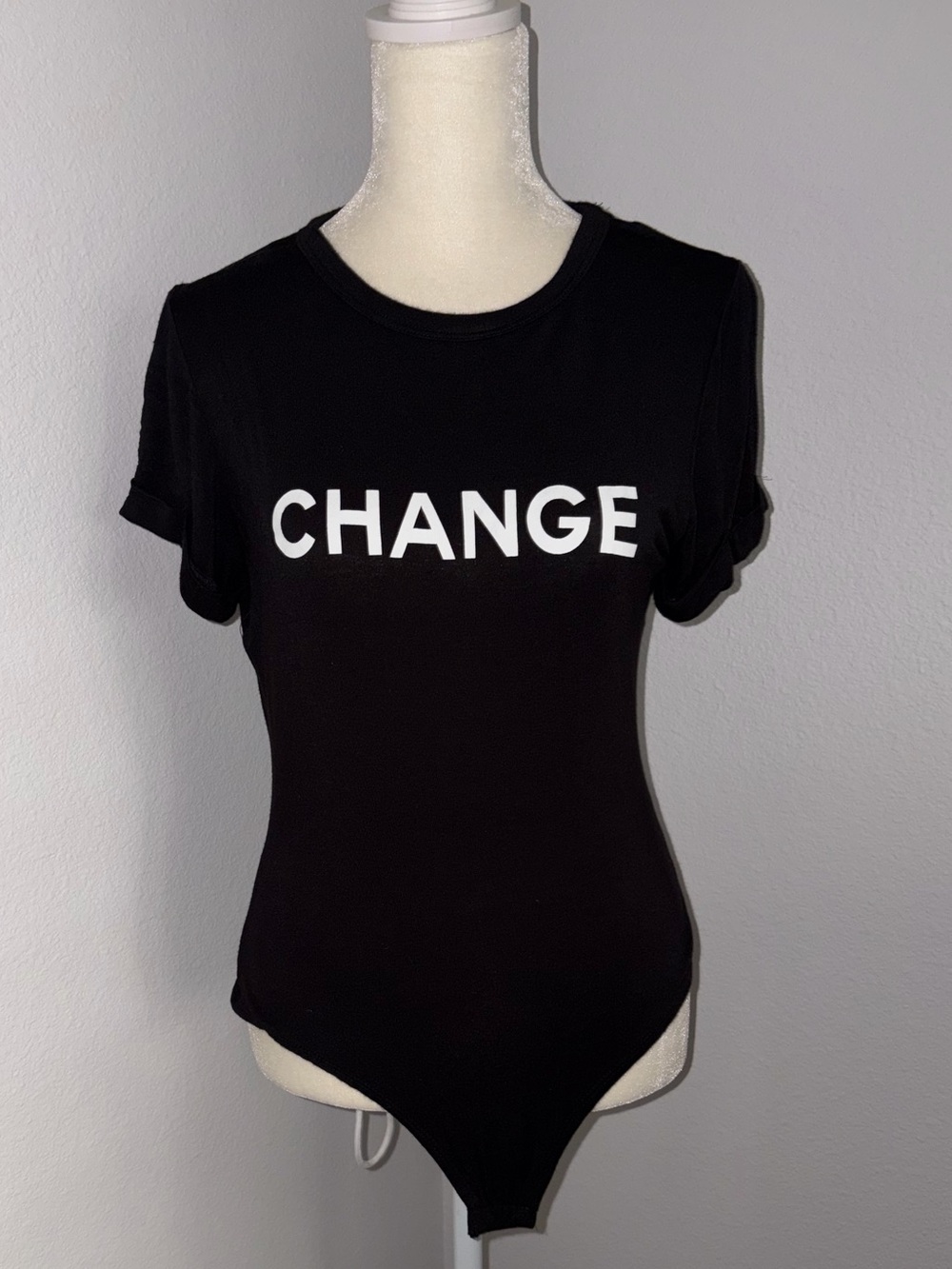Fashion Nova Black Short Sleeve‎ 'CHANGE' Graphic Bodysuit